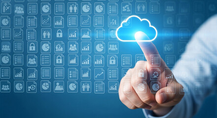 Cloud computing technology concept with hand touching cloud icon for data storage and network connection
