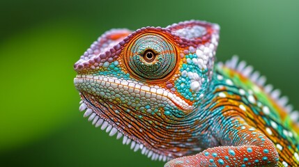 The close -up of the chameleon head with bright, motley coloring, including green, orange, blue and pink shades.