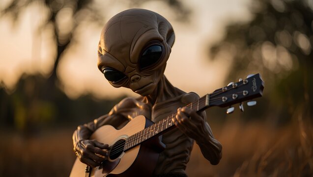 Alien playing guitar extraterrestrial music cosmic chords strange musician space tunes