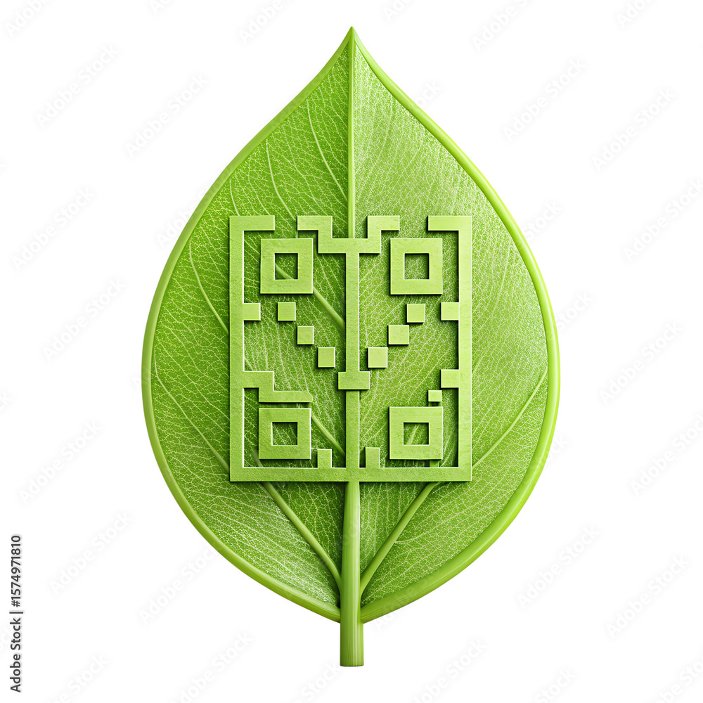 Poster a green qr code integrated into a natural leaf shape isolated on transparent background