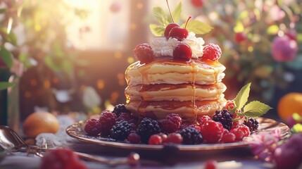 A delicious stack of pancakes, poured with honey and decorated with whipped cream, fresh berries and cherries on sticks. Warm light and blurry background