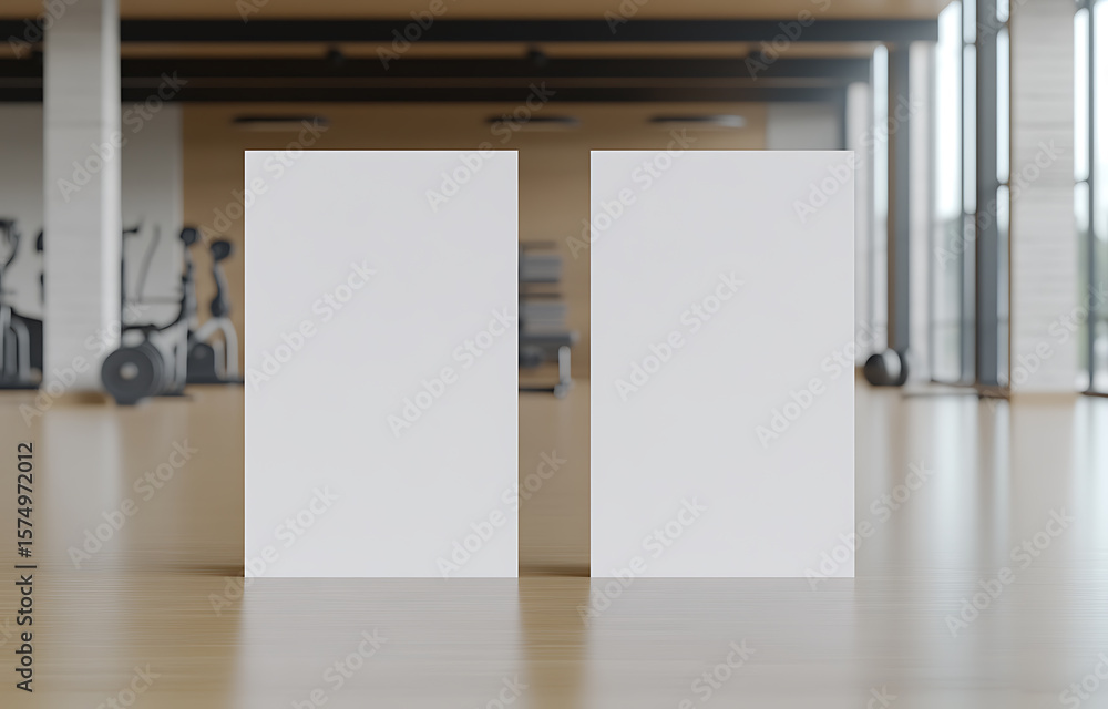 Poster two white vertical rectangles stand side-by-side in a gym setting, with exercise equipment and light