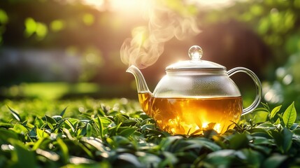 A glass kettle with soaring herbal tea, surrounded by fresh herbs and leaves in the morning garden. The warm light of the sunrise creates a cozy atmosphere, emphasizing the aroma