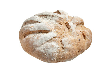 Round artisan bread loaf with a golden-brown crust, deep scoring, and a light flour dusting....