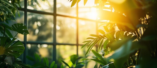 Bright morning light, flowing through a large window into the greenhouse, illuminates the lush greens of tropical plants with large leaves.
