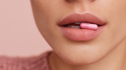 Fototapeta premium Woman is holding a pink pill in her mouth