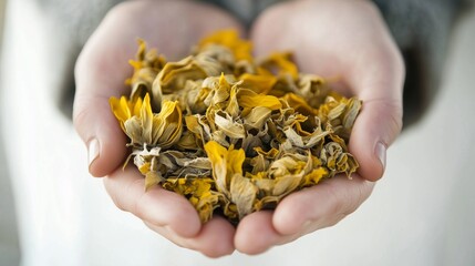 Delicate hands, carefully holding a bunch of dried yellow colors, create an atmosphere of harmony and natural simplicity. The light background emphasizes warm shades and texture of the petals.