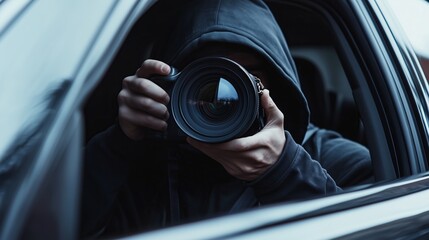 A man in a black sweatshirt with a hood sits in a car and holds a professional camera with a large lens in his hands. The picture conveys the atmosphere of secrecy, observation and surveillance.