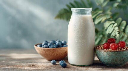 Glass of milk is on a table with a bowl of blueberries