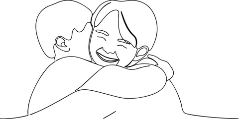 Two figures embracing in a continuous line art showing a happy hug on hugging embrace
