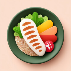 A vibrant, clean 3D illustration of a balanced meal on a dark green plate. The stylized elements include a loaf of bread, leafy greens, colorful slices of vegetables, and small grains or quinoa.
