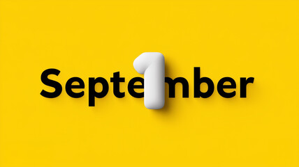 A vibrant, minimalist image featuring the word "September" in bold black font, with the number "1" represented by a prominent 3D white shape, set against a bright yellow background. 