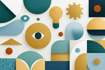 An artistic abstract background composed of various geometric shapes with a textured, layered appearance in mustard yellow, teal, light blue, and deep blue. 