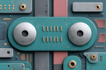 A detailed 3D abstract render of a technical or mechanical background, featuring layered shapes and textures in teal, grey, pink, and gold. 