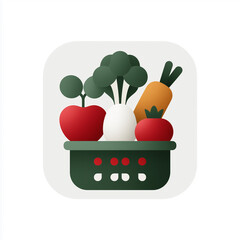 A clean, minimalist graphic illustration of a basket filled with fresh vegetables, including a tomato, carrot, broccoli, and turnip. The design is bright and modern, ideal for healthy eating