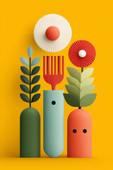 A whimsical and stylized abstract poster design featuring geometric forms resembling plants and flowers on a vibrant yellow background. 