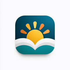 A clean and modern app icon design featuring a stylized open book with gradient pages in teal and blue, and a bright yellow sun rising above it, with orange sunbeams.