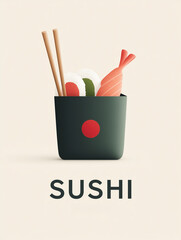 A clean and stylish vector illustration of a sushi set, featuring chopsticks and various types of sushi rolls and a shrimp piece, presented in a dark green abstract container with a red dot. 