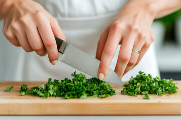 Chopping Fresh Parsley: Close-up of hands finely mincing vibrant green parsley on a wooden cutting board with a sharp knife in a bright kitchen setting.