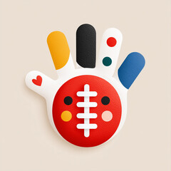 A stylized, colorful 3D illustration of a hand holding an abstract soccer ball with lacing details. The design is playful, modern, and suitable for sports, childhood, or creative themes