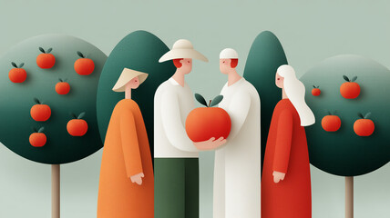 A stylized, picturesque illustration of a serene landscape with abstract trees and four people standing together, one holding a large apple.