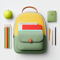 A bright, organized flat lay of a yellow and green backpack with school supplies, including colorful notebooks, pencils, a pen, and a green apple. 