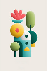 A minimalist abstract illustration featuring stylized geometric shapes representing nature elements like trees and a flower. The design is clean, modern, and utilizes a soothing color palette