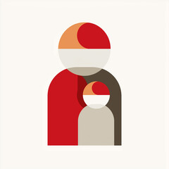 A minimalist, abstract illustration of an adult and a child in a stylized, modern design, using layered shapes and a warm color palette (red, orange, beige, brown). The image represents family