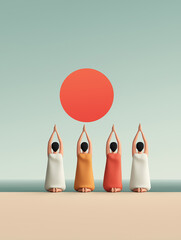 A serene, stylized illustration of four figures in yoga poses (prayer pose) against a soft, abstract background with a large orange sun and a horizon line. The image is minimalist and calming, conveyi