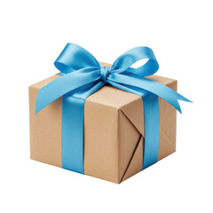 Obraz premium A single gift box, meticulously wrapped in matte natural brown kraft paper with a vibrant light blue satin bow, isolated on a seamless transparent background with no shadows, slightly high-angle shot,