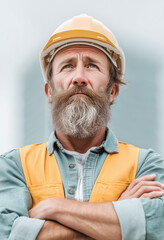 A close-up, photorealistic portrait of a bearded construction worker wearing a yellow hard hat and safety vest, with his arms crossed