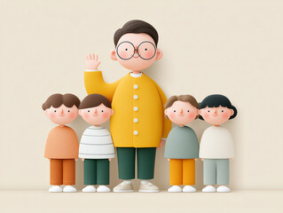 A charming, stylized illustration of a teacher, wearing glasses and a yellow cardigan, standing with four children. The characters have a soft, textured appearance and are set against a neutral