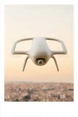 A photorealistic image of a sleek, white delivery drone flying above a cityscape at sunset. The image is framed like a polaroid, emphasizing modern technology and logistics
