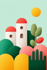 A charming, stylized illustration of a landscape featuring abstract, colorful hills and stylized buildings with red roofs, set under a yellow sun against a light blue sky