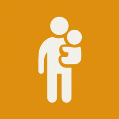 A simple, stylized white icon of a parent holding a child, set against a solid orange background. The figures are abstract and minimalist, representing family, parenting, and care