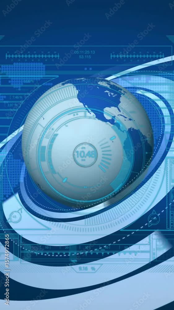 Poster rotating globe and data charts, futuristic technology interface animation