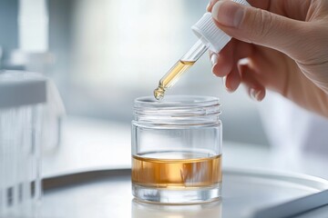 Scientist dropping serum with pipette in small jar for beauty treatment research
