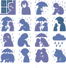 Fototapeta premium Sadness and Comfort Silhouette Icon Set — Emotional Rainy Day Vector Illustrations