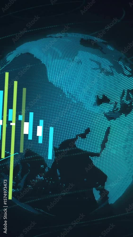 Poster financial data analysis animation over rotating globe with bar and line graphs