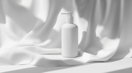 Blank white bottle on draped fabric.
