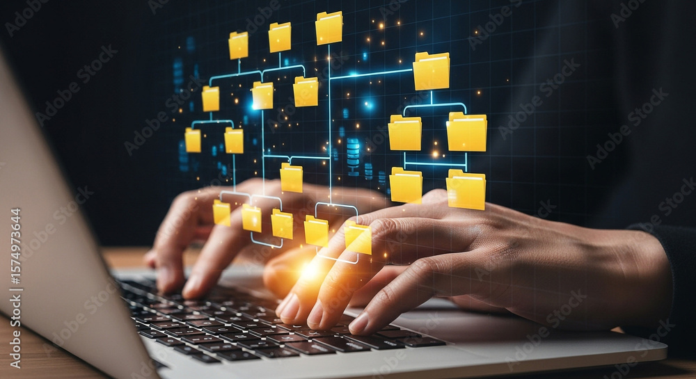 Poster data management system concept person typing on laptop organizing files and folders on virtual inter