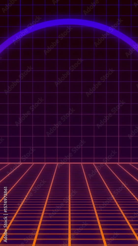 Poster retro grid floor and glowing arch animation over dark grid background