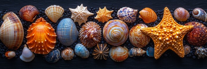 Vibrant seashell banner showcasing diverse shells and starfish arranged beautifully against a dark backdrop for a coastal and marine inspired design