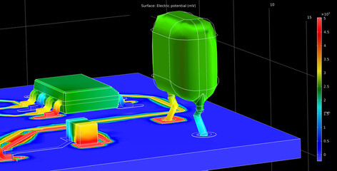Computer 3d modeling of printed circuit board of electronic device. Investigation of  distribution of electric potential on surface of pcb, conductors, components  (capacitor, integrated circuit). © TKalinovskaya