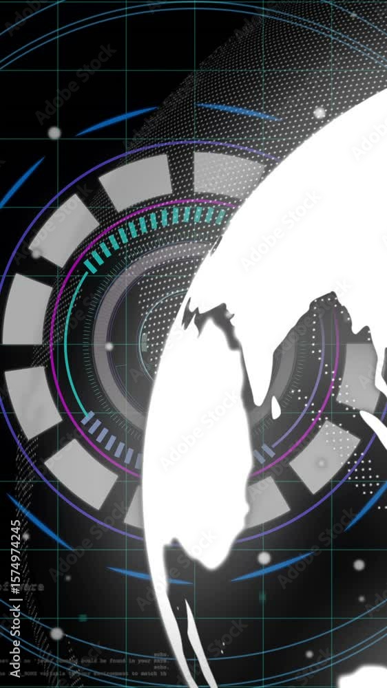 Poster digital world map and data processing animation over futuristic interface
