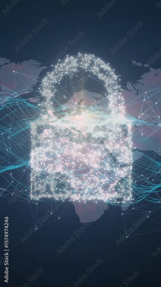 Poster digital padlock and network connections animation over world map background