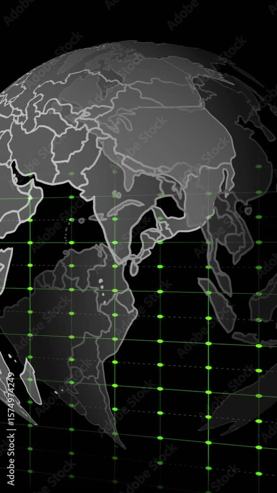 Poster green heartbeat animation over world map with grid lines in background