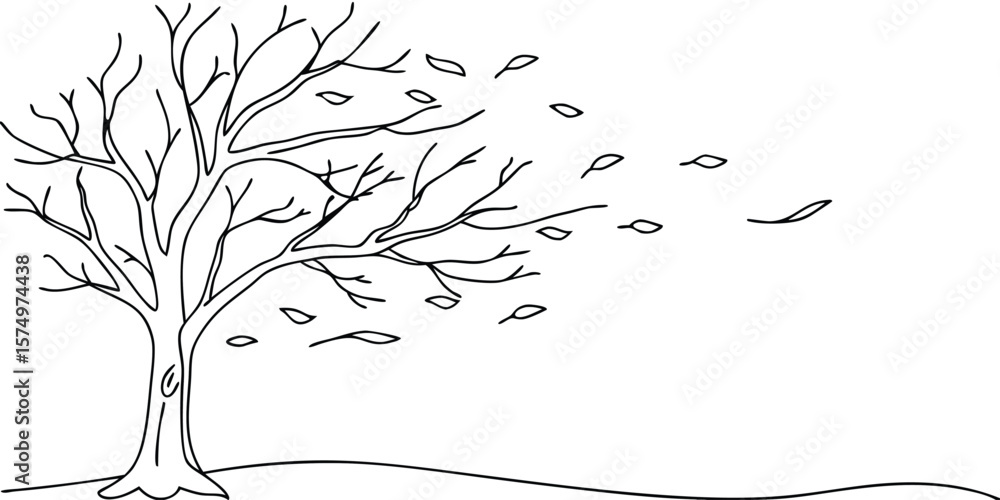 Aufkleber tree with blowing leaves continuous line art on wind outline