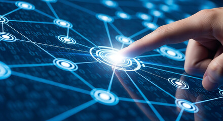 Digital network connection technology concept with finger touching interface point