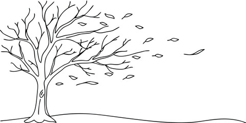 Tree with blowing leaves continuous line art on wind outline